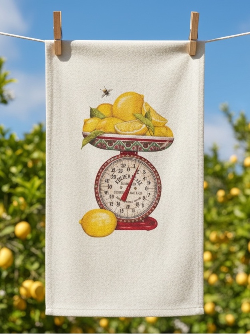 Antique Kitchen Scale, Lemons & Bee Summer Tea Towel Farmhouse Kitchen Decor